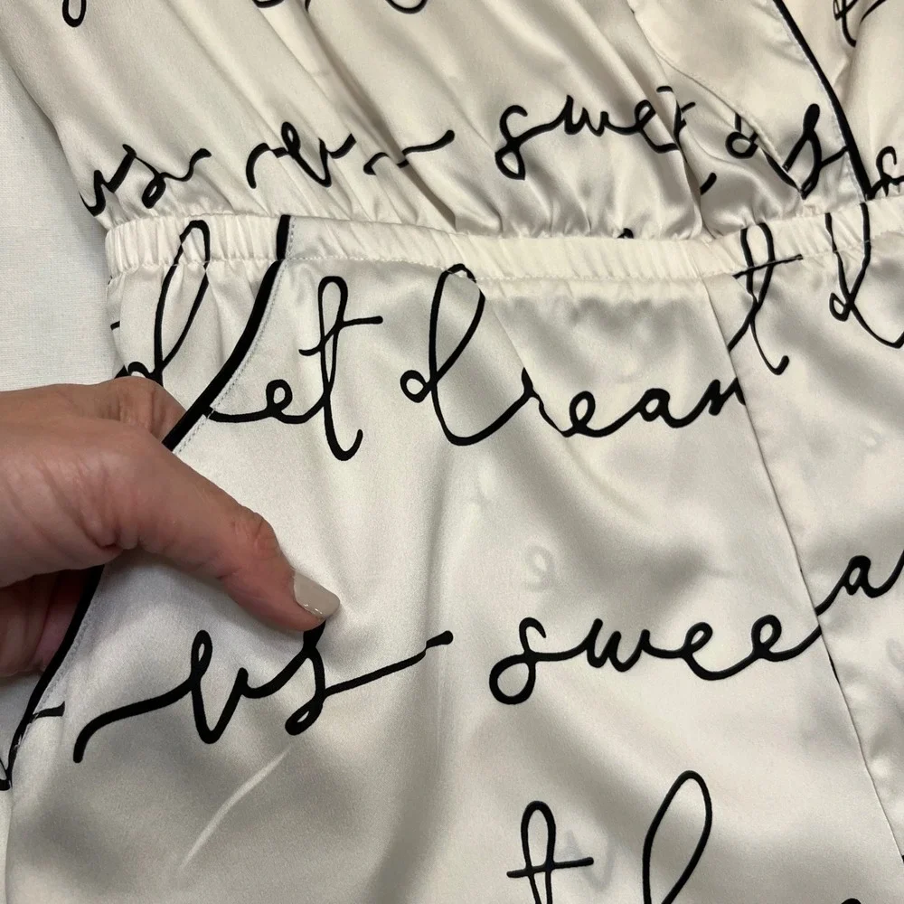 Victoria's Secret White Satin Script Print Pajama Romper Sleepwear Size‎ M